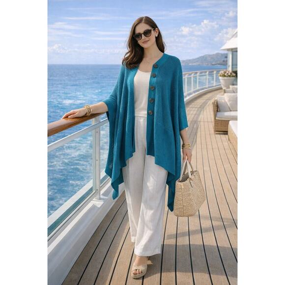 J. Jill Sweaters - J.Jill Knit Poncho Top S-L Teal Button Front Swim Coverup NWT Resort Cruise Aqua